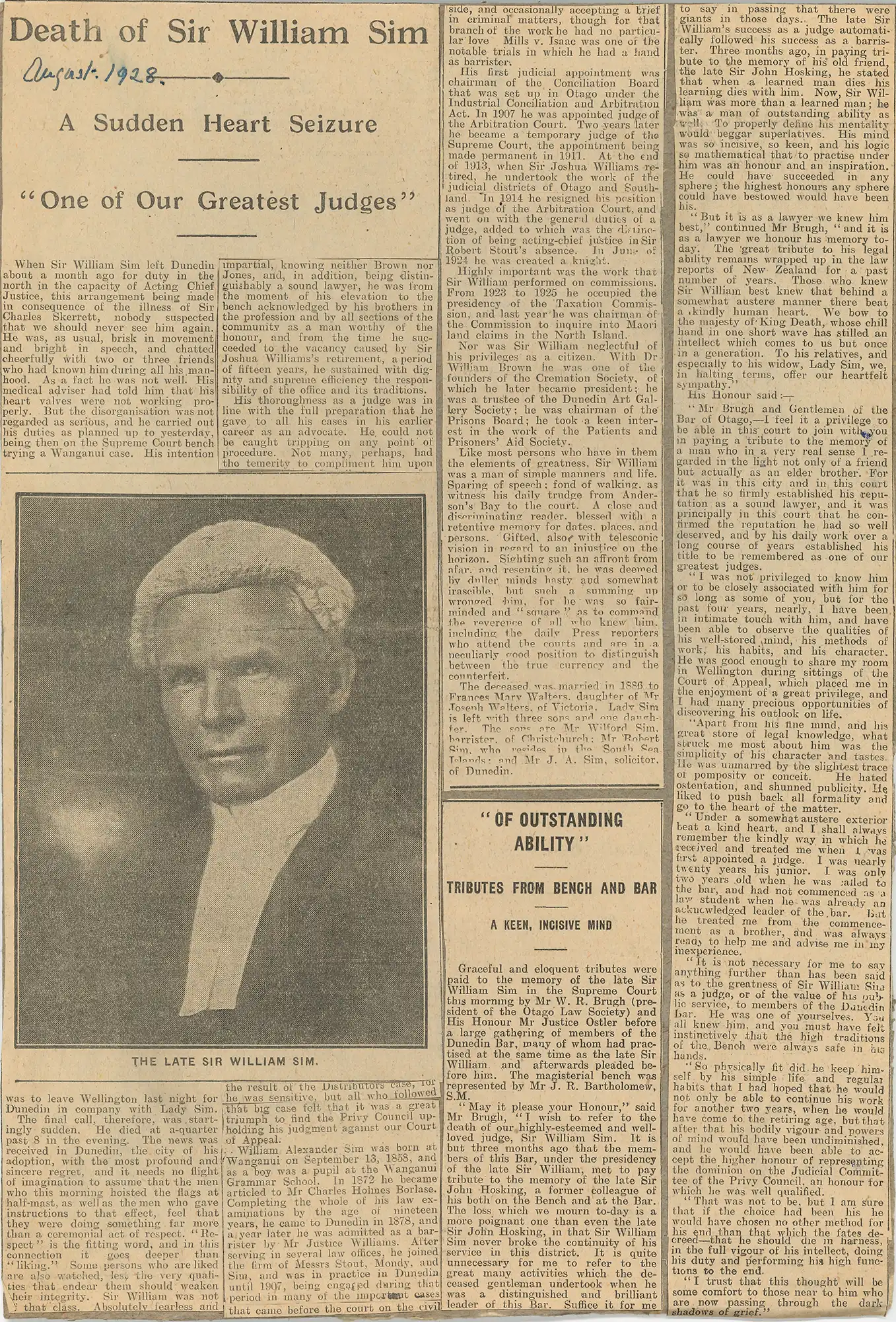 The Honourable Sir William Sim (1858-1928). Various newspaper cuttings.