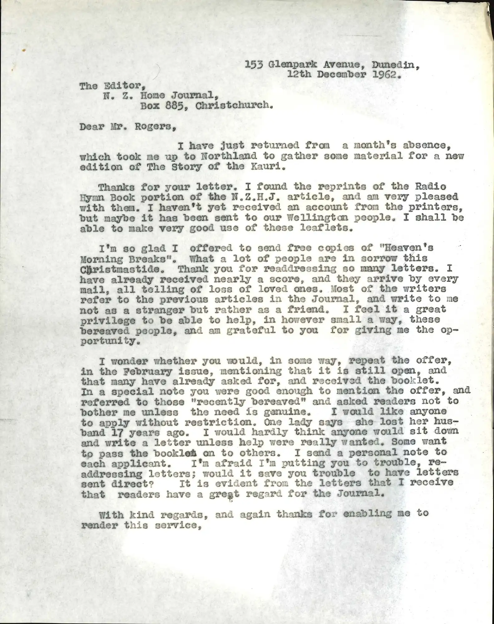 Letter, A.H. Reed to Max Rogers, N.Z. Home Journal, Christchurch, 12 December 1962 re: free copies of Heaven’s morning breaks.