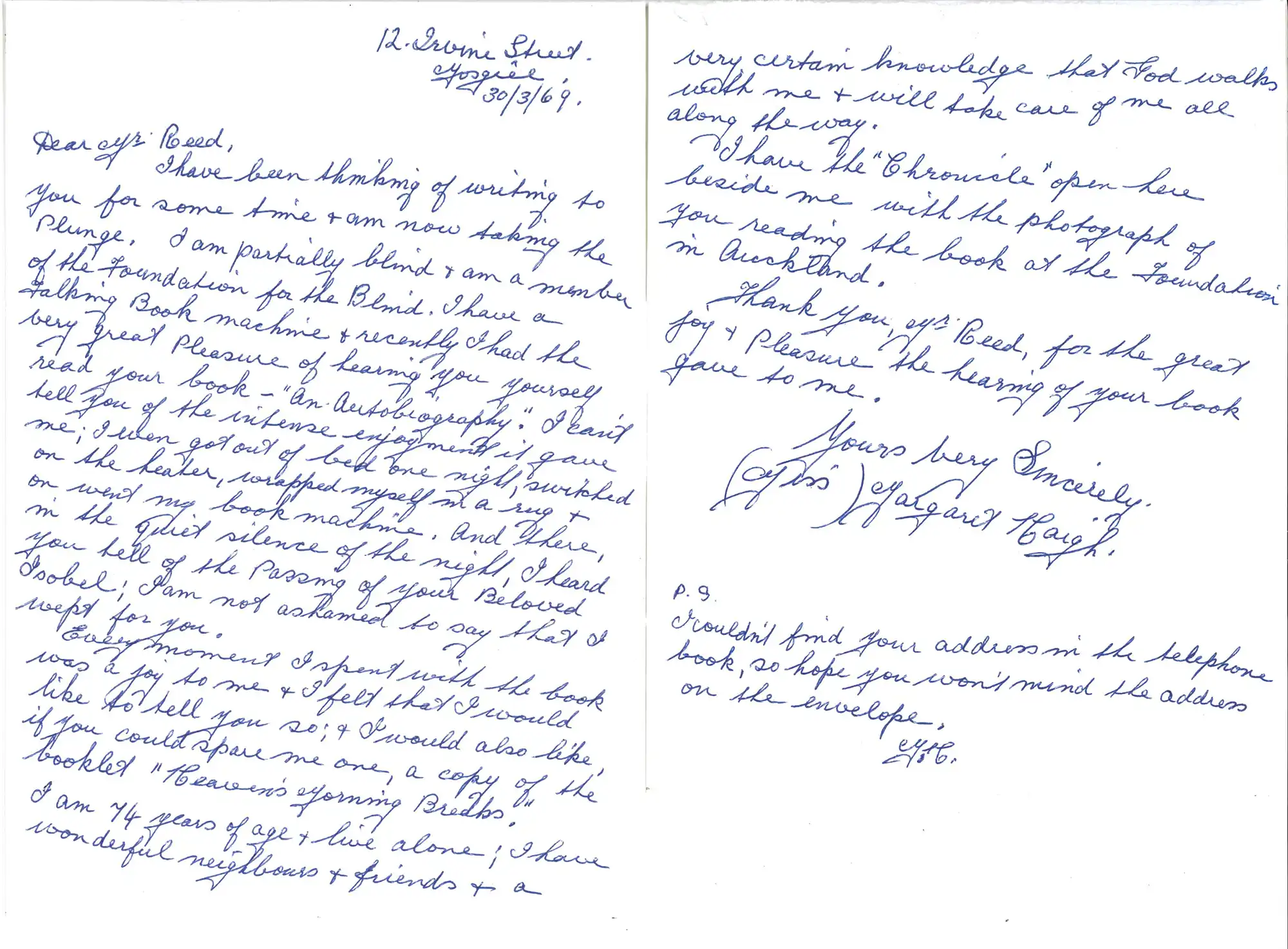 Letter, Margaret Haigh, Mosgiel to A.H. Reed, 30 March 1969 re: his Autobiography talking book and Heaven’s morning breaks.
