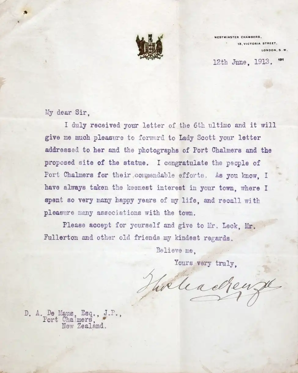 Letter. Sir Thomas Mackenzie to David Alexander De Maus, Westminster Chambers, London, 12 June 1913.